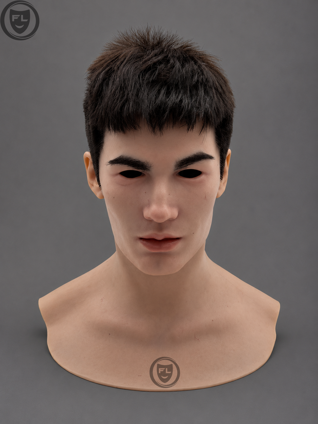 Hyper realistic young male silicone mask with short brown hair front product view