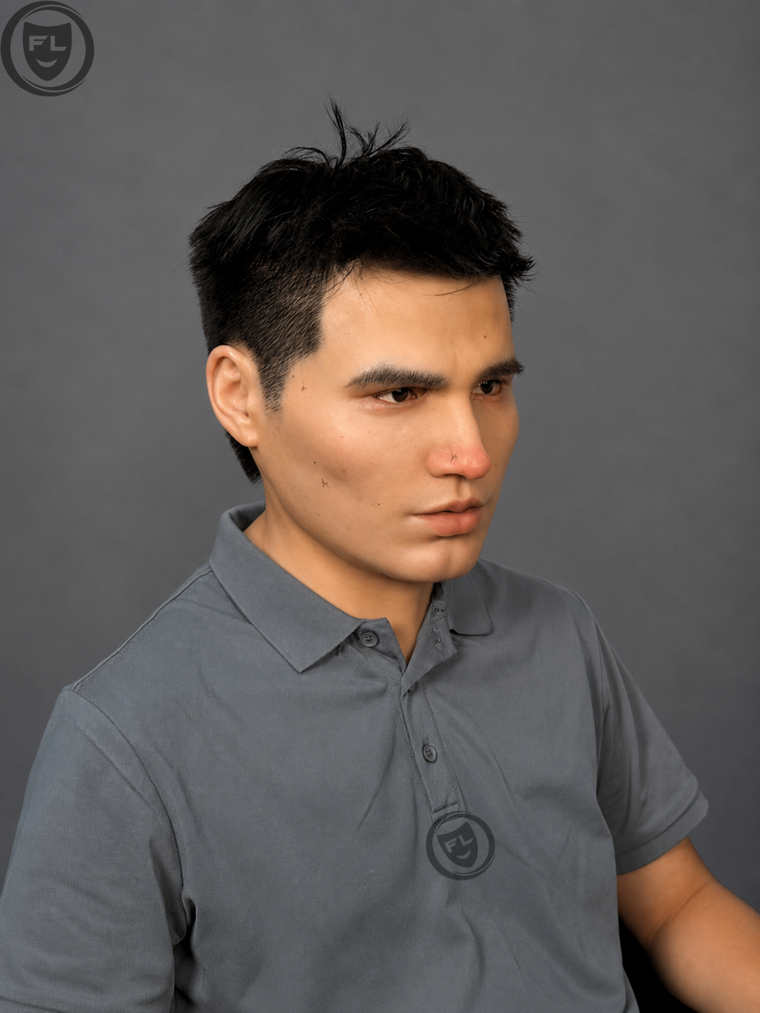 Realistic young male silicone mask with hair right side view and lifelike skin texture