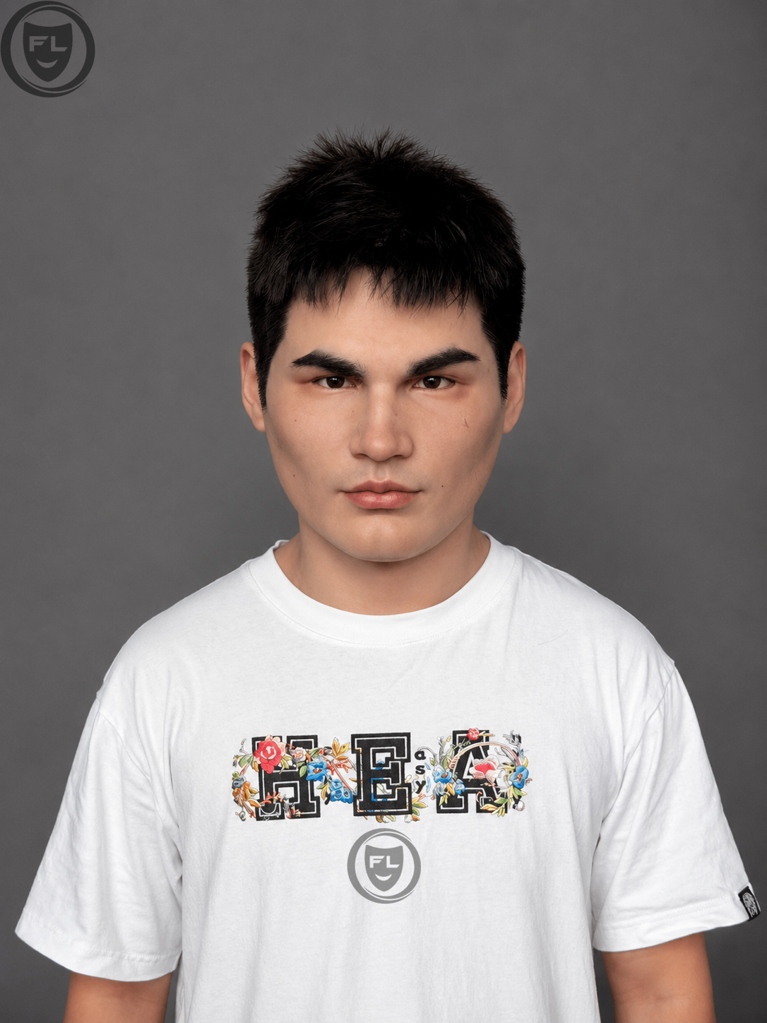 Realistic young male full head mask front wearing effect with short hair